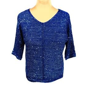 WD-NY silver sequins on blue metallic 4/4 sleeve light sweater sz Small